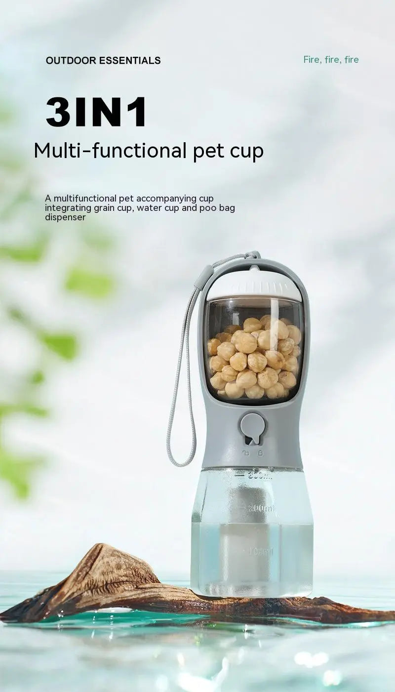 Vaso de viaje 3 en 1 para mascotas con agua, comida y bolsas