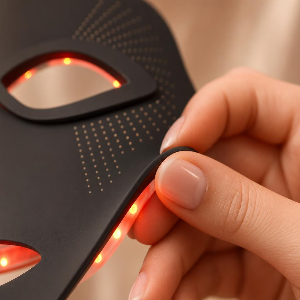 Detalle de la silicona suave y las luces LED de la máscara Sevrom