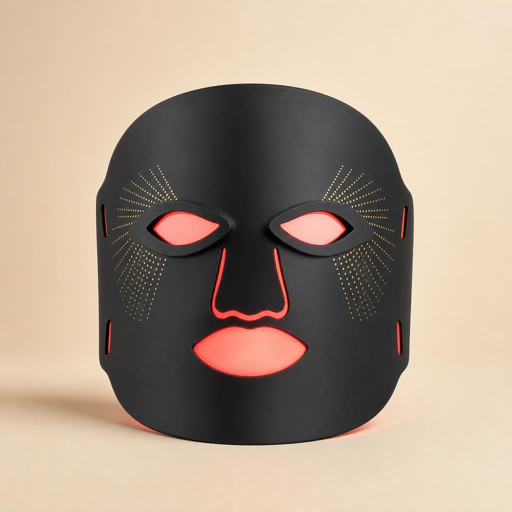 Máscara LED facial Sevrom, vista frontal con luz roja encendida