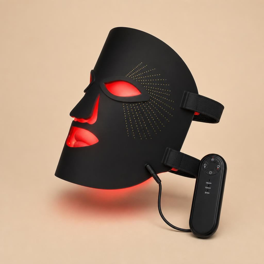 Máscara LED facial Sevrom, vista lateral con mando de control
