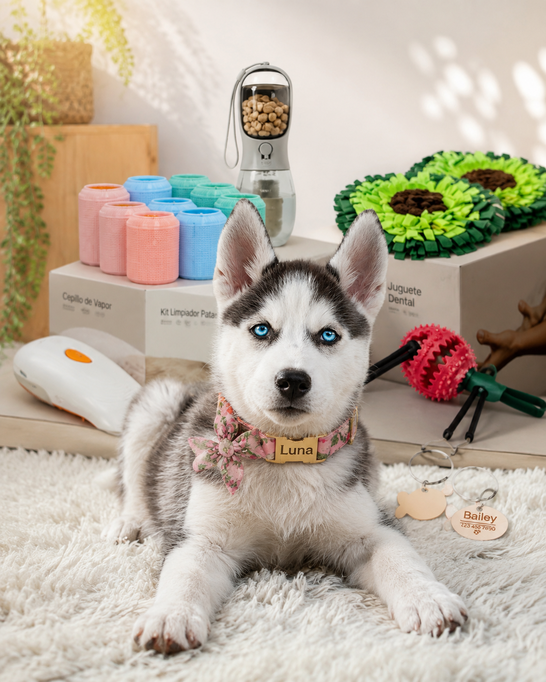 Cachorro de husky Luna con collar personalizado SEVROM y productos SEVROM alrededor